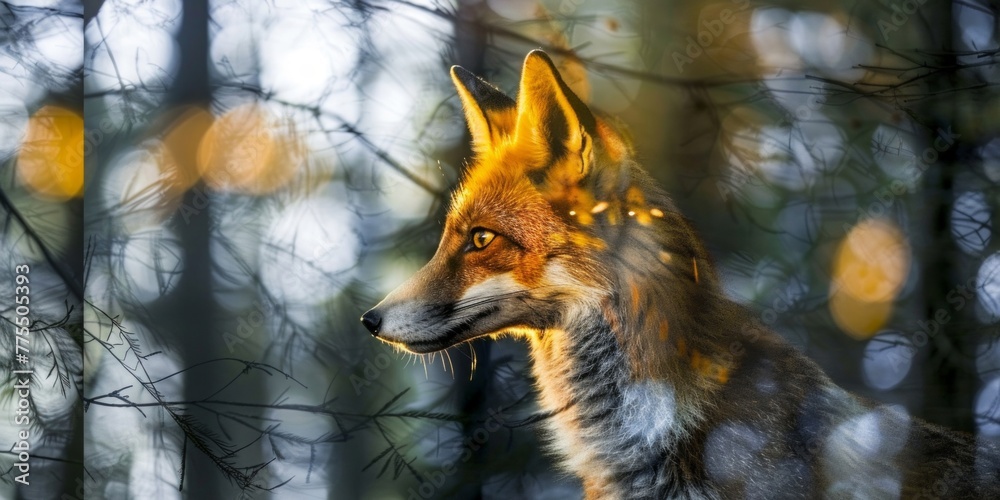 Fototapeta premium A close up view of a fox in its natural habitat within a lush forest setting, showcasing the beauty of wildlife in the wilderness