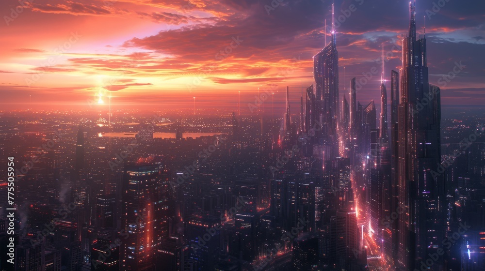 Fototapeta premium A golden bitcoin hovering above a futuristic city skyline, symbolizing the rise of cryptocurrency as the currency of the future. ::2 futuristic cityscape ::3 --chaos 10 --ar 16:9 --seed 0 --quality 0