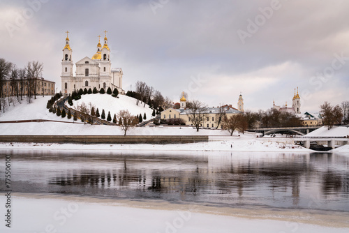 Assumption Mountain  the Holy Spirit Monastery and the Holy Assumption Cathedral on the banks of the Western Dvina and Vitba rivers on a sunny winter day  Vitebsk  Belarus