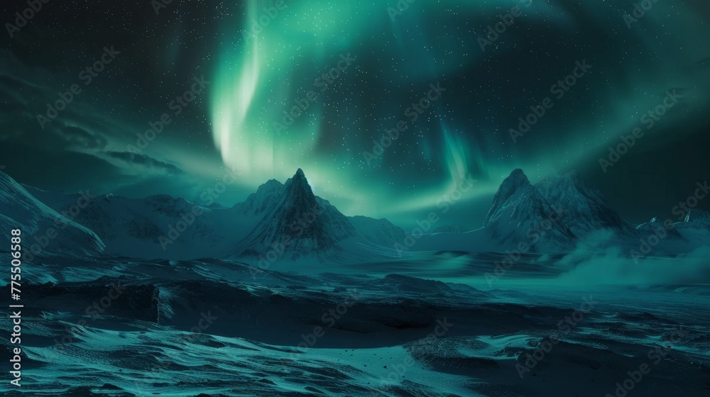 A spectacular display of aurora lights dances across a vibrant green and blue sky. Background.