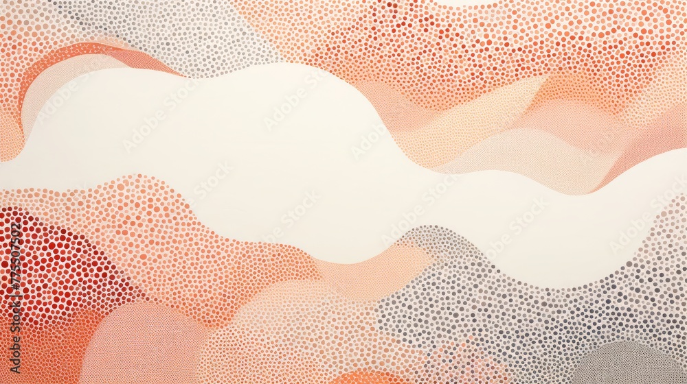 Fototapeta premium Abstract illustration of waves in an ocean, in white, gray, pink, orange and red. Pointillism.