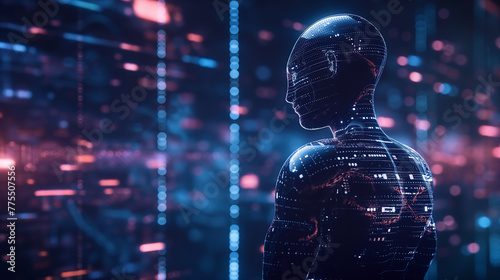 Face of artificial intelligence virtual assistant in the world of Ai or Futuristic, a humanoid cyber human with a neural network, machine learning and Technology background concept 