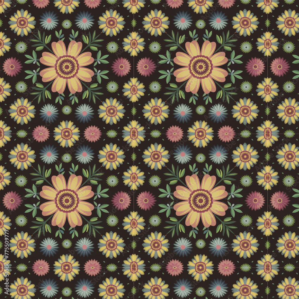Colorful a composition of BEAUTY flowers, vector art, clean, in the style of Redoute, colorful, seamless repeating pattern, vintage wallpaper
