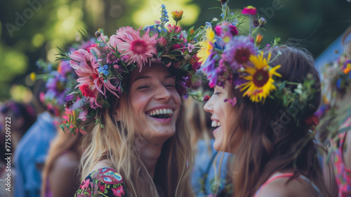 Two females adorned with flower crowns on their heads  showcasing a cultural and joyful moment at a music festival