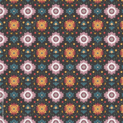 Colorful a composition of BEAUTY flowers, vector art, clean, in the style of Redoute, colorful, seamless repeating pattern, vintage wallpaper