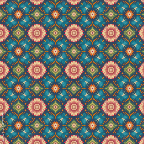 Colorful a composition of BEAUTY flowers, vector art, clean, in the style of Redoute, colorful, seamless repeating pattern, vintage wallpaper © BlueNO