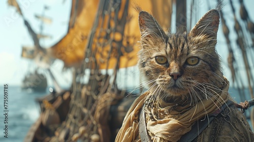 Captain cat on pirate boat.