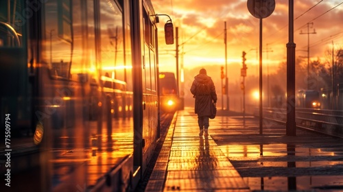 Silhouette of a young woman walking on the platform of a train station at sunset photo