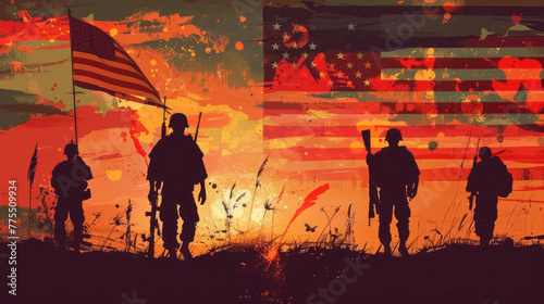 silhouetted soldiers with american flag against a grunge sunset background, memorial day may 27th United States