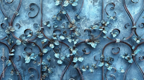 Aquamarine hued vines with leaves of gemstones wind their way through wrought iron gates, metal detailed with patina that gives the scene an aged timeless look created with Generative AI Technology