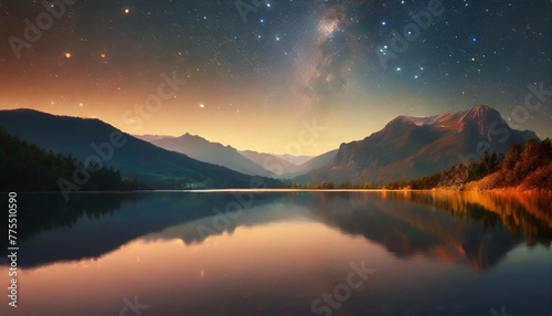 spectacular nature background of beautiful mountain and lake in starry night with shimmering light pixie dust digital art 3d illustration of panoramic mountain view with stars reflect in lake water
