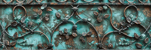 Aquamarine hued vines with leaves of gemstones wind their way through wrought iron gates, metal detailed with patina that gives the scene an aged timeless look created with Generative AI Technology