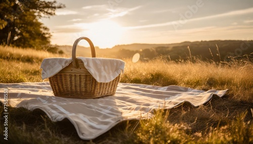 picnic duvet with empty bascket on the meadow in nature #775511553