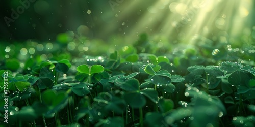 A cluster of green plants covered in glistening water droplets in a lush field of clovers