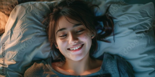 A young girl with a beaming smile reclines on a bed photo