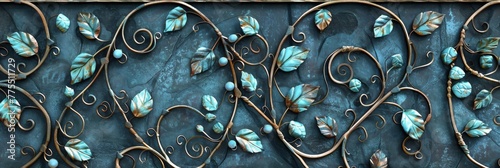 Aquamarine hued vines with leaves of gemstones wind their way through wrought iron gates, metal detailed with patina that gives the scene an aged timeless look created with Generative AI Technology photo