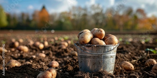 A metal bucket filled with freshly harvested potatoes sitting amidst a vast field