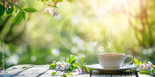 A cup of coffee with steam rising, placed on a wooden table outdoors photo