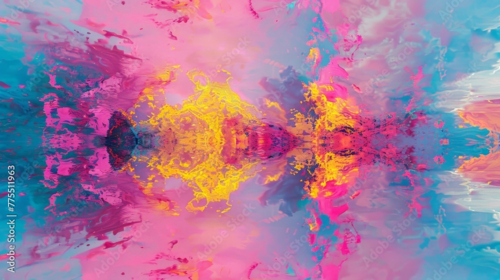 The explosions of pink yellow and blue create a psychedelic symphony of colors accompanied by digital glitch art distortions.