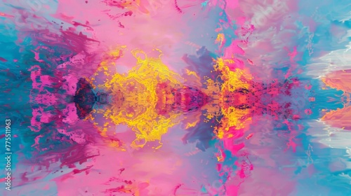 The explosions of pink yellow and blue create a psychedelic symphony of colors accompanied by digital glitch art distortions.