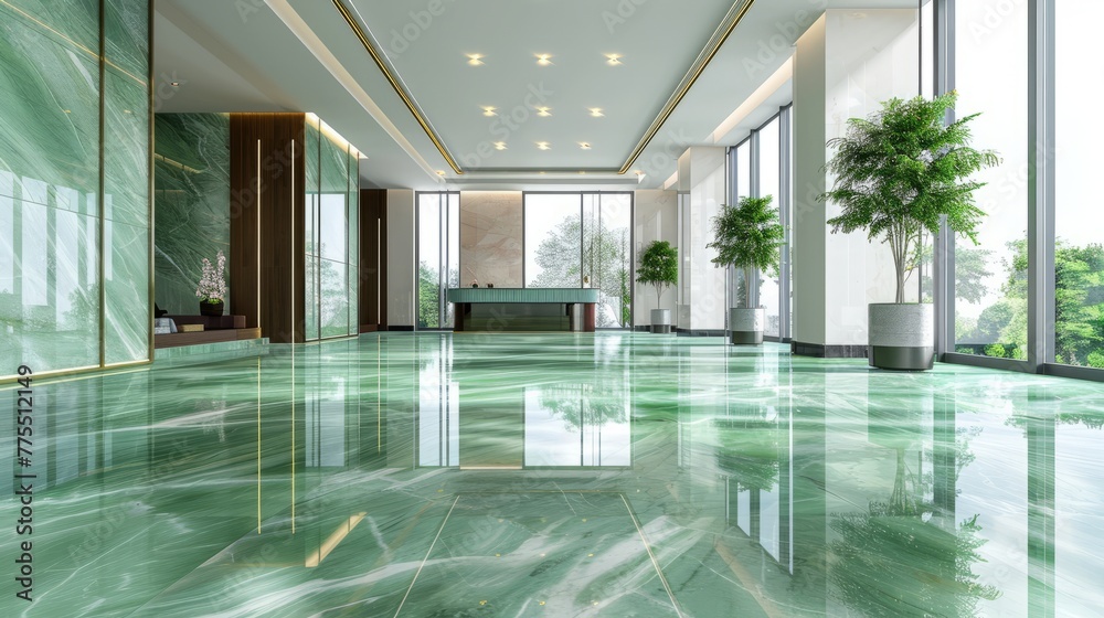 Fototapeta premium A spacious, modern lobby featuring glossy green marble floors and elegant interior design with plants. Background.
