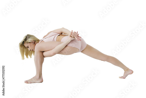 a young girl shows yoga asanas by lunging with her foot and clasping her hands behind her back, isolated on transparent background, png