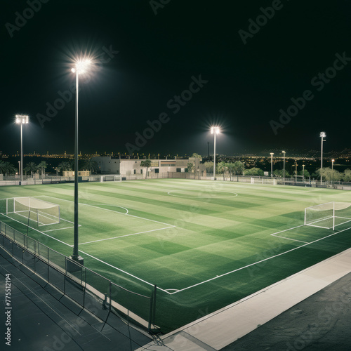soccer stadium at night empty with lights on. © mindstorm