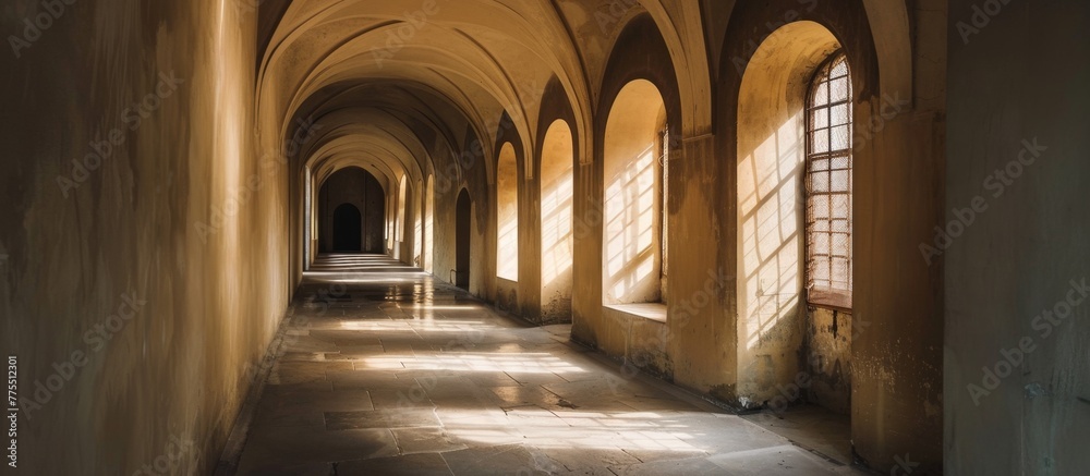 Fototapeta premium Corridor with arched windows in a stone building