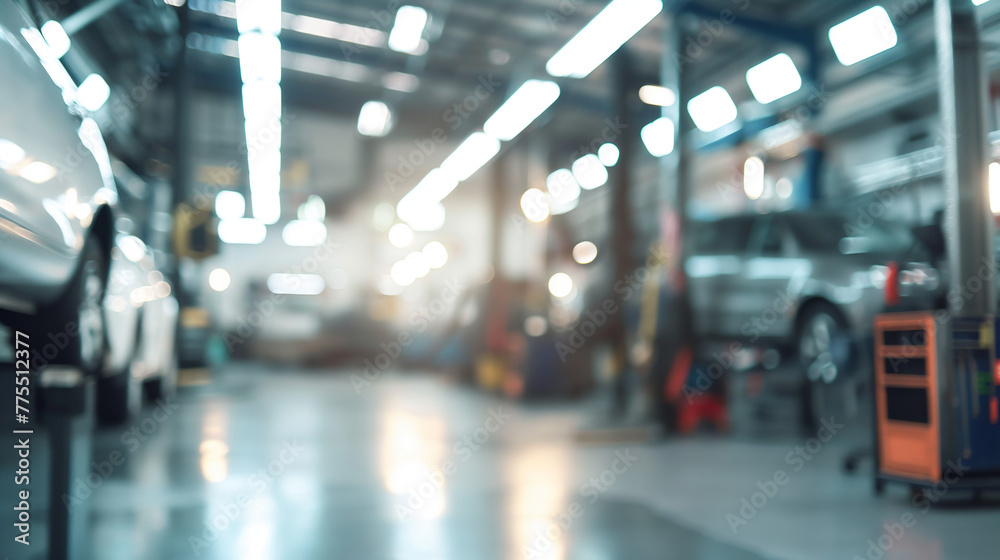 Blurred image of a car repair shop with a car on a lift and a mechanic working on it Blurred image of a car repair shop with a car on a lift and a mechanic working on it