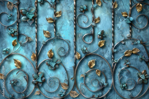 Aquamarine hued vines with leaves of gemstones wind their way through wrought iron gates, metal detailed with patina that gives the scene an aged timeless look created with Generative AI Technology