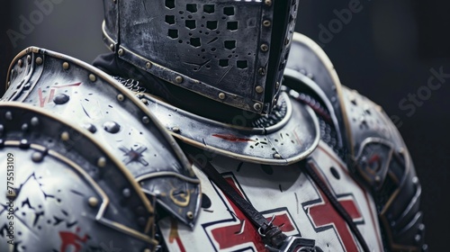 Knights Templar armor adorned with futuristic patterns and symbols