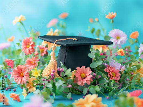 A graduation cap placed on top of a pile of colorful flowers, celebrating a happy graduation moment