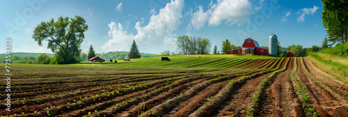 Scenic View of Local Farm with Grazing Cattle and Tilled Fields under a Clear Blue Sky