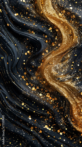 Navy Blue Fabric with Swirling Golden Glitter