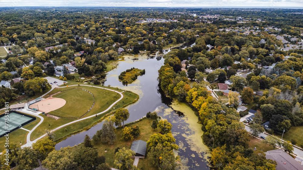 aerial view of a creek and park