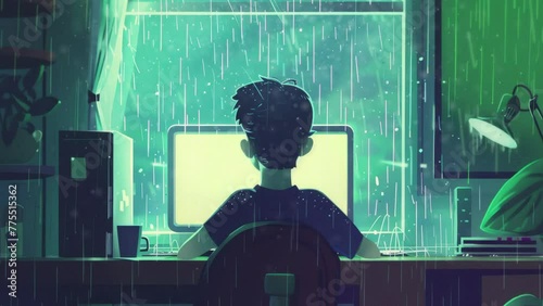 Lofi boy working in front of a greenscreen computer in the office room, it's heavily raining outside of the window, and seamless 4K lofi looping animation. Lofi