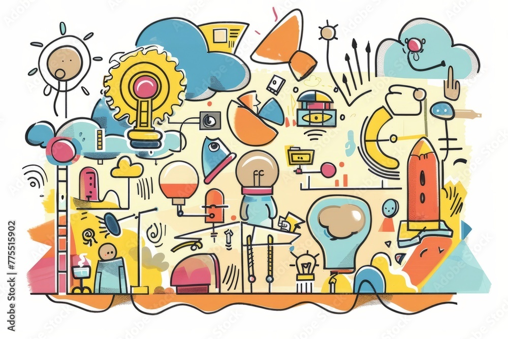 Cartoon cute doodles of a business innovation lab, with characters ...