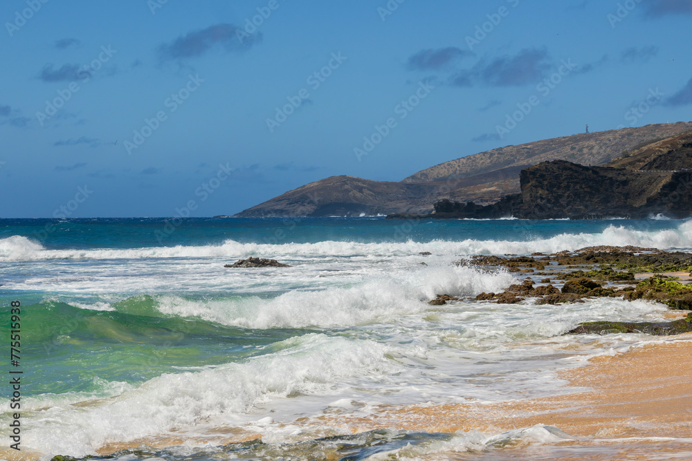 a beautiful spring landscape at Sandy Beach with blue ocean water, silky brown sand, people relaxing, palm trees and majestic mountain ranges in Honolulu Hawaii USA a beautiful spring landscape at Sandy Beach with blue ocean water, silky brown sand, people relaxing, palm trees and majestic mountain ranges in Honolulu Hawaii USA