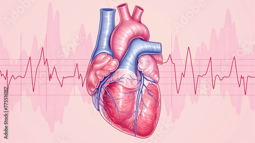 Illustration of an electrocardiogram (ECG or EKG) showing a normal heart rhythm next to an abnormal heart rhythm. photo