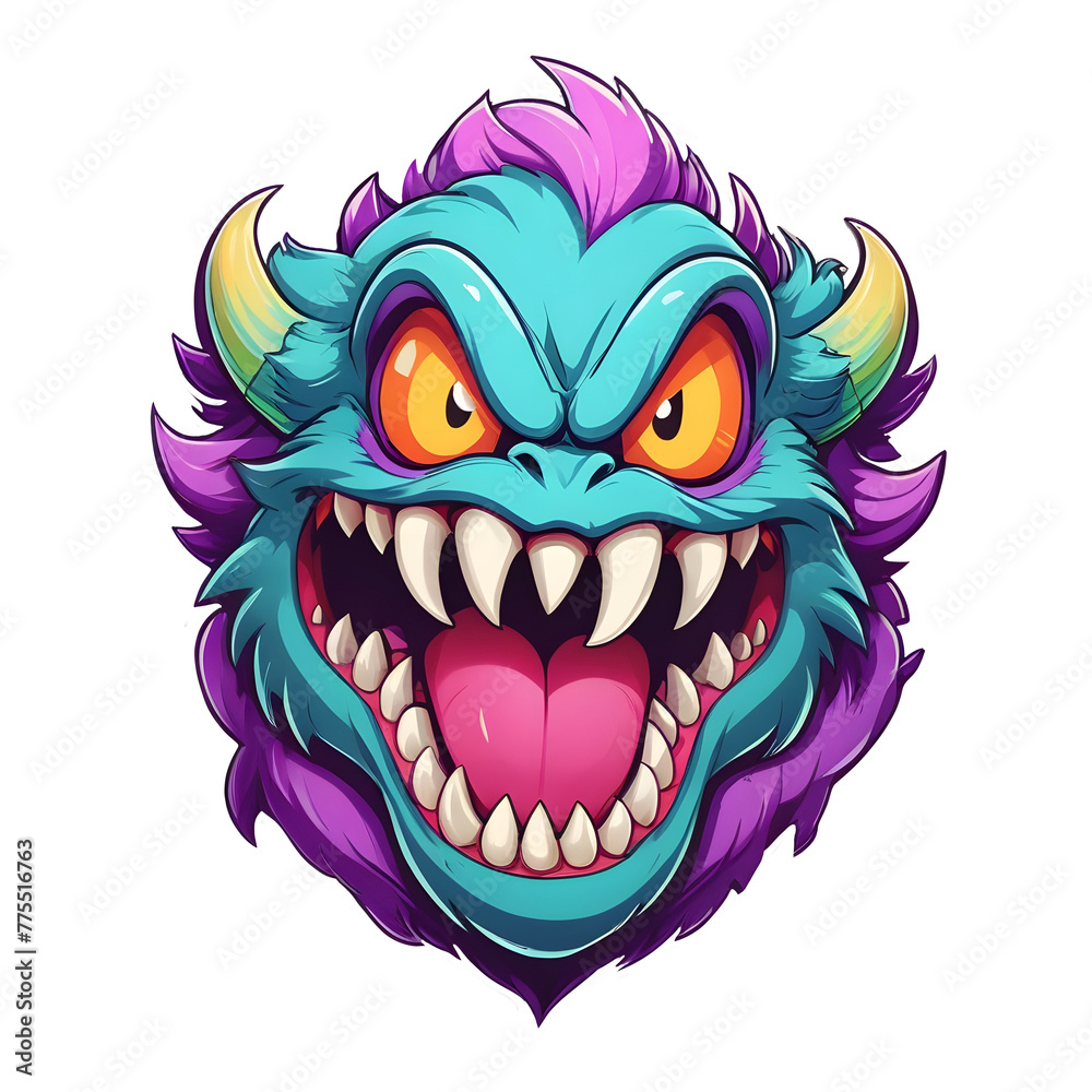 A blue monster with yellow horns with an angry face showing its mouth full of sharp teeth. Illustrations with a contemporary touch for tattoos, stickers, emblems and t-shirt screen printing.