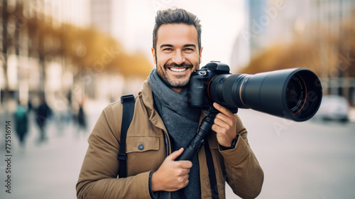  Happy photographer with his camera,Confident and happy smiling man  photo