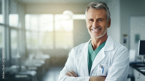 Portrait of a dental doctor with a background in a dental room, a dentist in a hospital	 photo