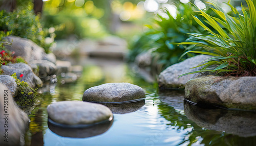 Zen-inspired 3D garden with flowing water and tranquil stones, ideal for meditation and tranquility