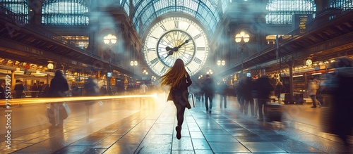A determined woman races in a train station, chasing time ⏱️💨 Her expression shows focus amidst the bustling crowd, with motion blur emphasizing urgency. #RaceAgainstTime