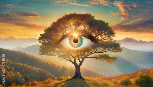 eye in repeating fibonacci tree display depicting the infinite nature of reality existence and the ability to commune with an all seeing god photo