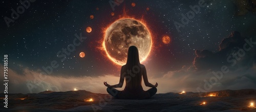 A woman's silhouette meditates facing an eclipse at night 🌒🧘‍♀️ A moment of deep focus and tranquility. #MeditationUnderEclipse