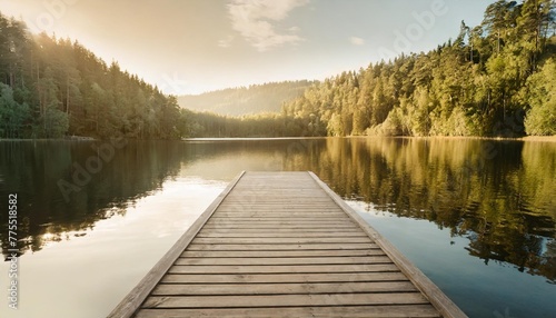 empty wooden jetty at idyllic rainforest lake with product presentation space beauty in nature concept with product display for travel vacation spa and environment