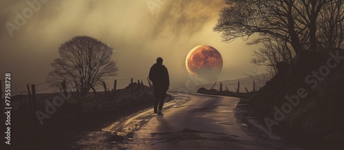 A man walking towards the lunar eclipse 🌒🚶‍♂️ Embarking on a celestial journey under the night sky. #WalkingToEclipse
