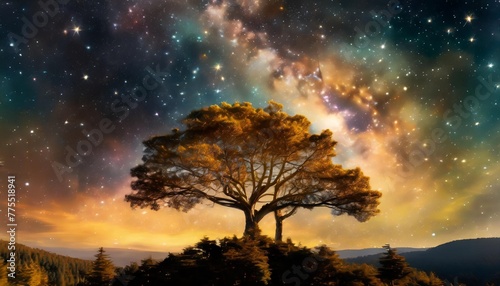 huge trees of life blend with psychedelic colored galaxies with stars galaxy clouds 3d generative ai