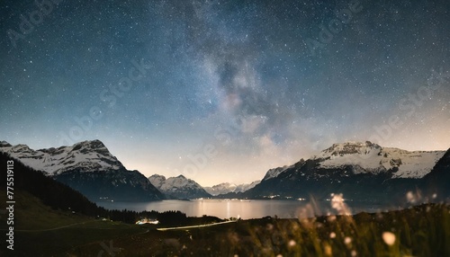 atmosphere at night of the beautiful country of switzerland with snowy mountains lakes and flower fields full of starlight moonlight and the milky way